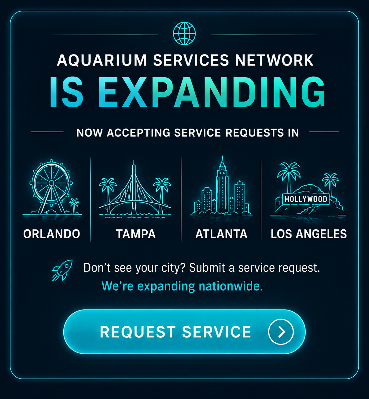 Aquarium Services Network expanding aquarium service requests to Orlando, Tampa, Atlanta and Los Angeles