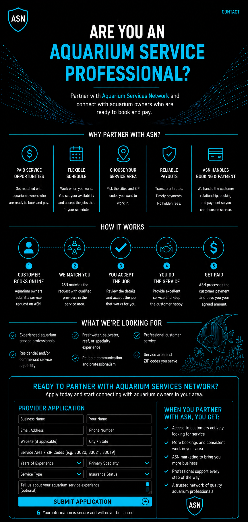 Aquarium Services Network provider application for professional aquarium service providers