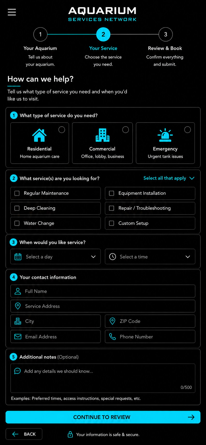 Aquarium Services Network aquarium service request form – Step 2