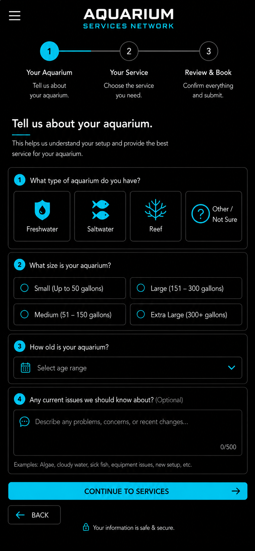 Aquarium Services Network service request form for aquarium owners